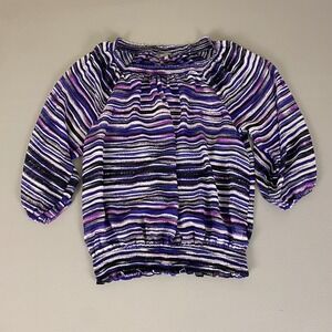 Daisy Fuentes‎ Blouse Smocked Off Shoulder Top XL Malibu Blue Purple Striped *
